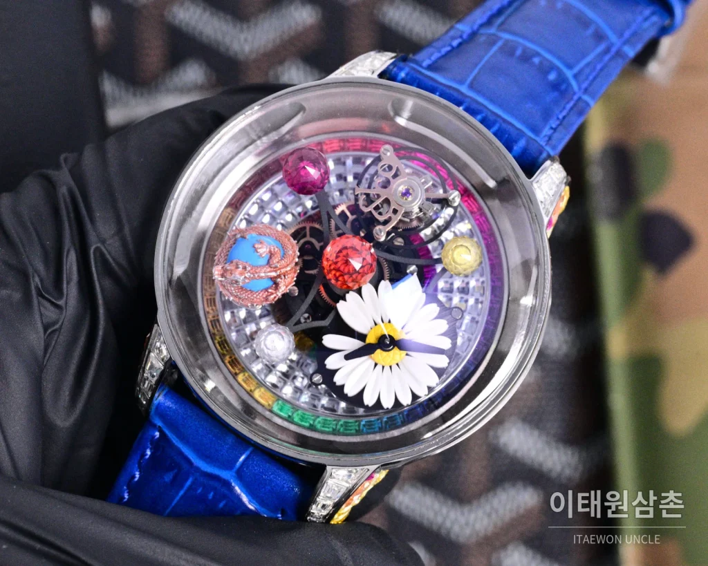 제이콥앤코 지드래곤 로즈골드 다이아몬드 더블축 투르비용 47mm 스켈레톤 다이얼 블루 가죽 스트랩