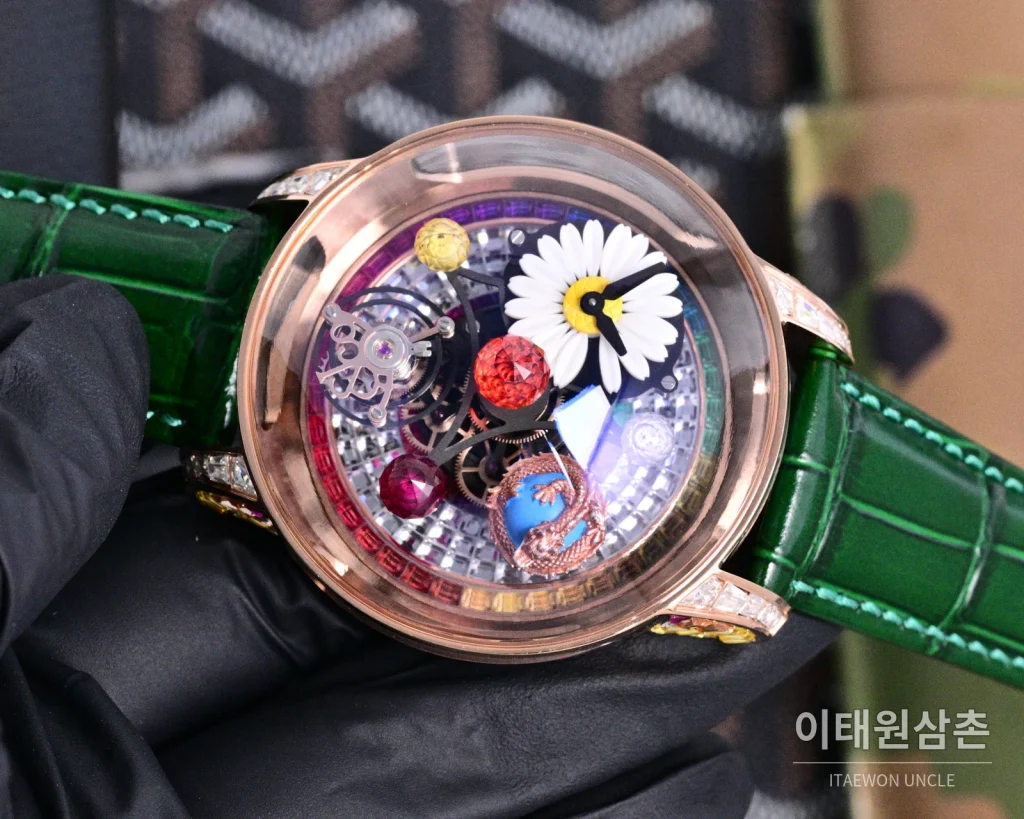 제이콥앤코 지드래곤 로즈골드 다이아몬드 더블축 투르비용 47mm 스켈레톤 다이얼 그린 가죽 스트랩