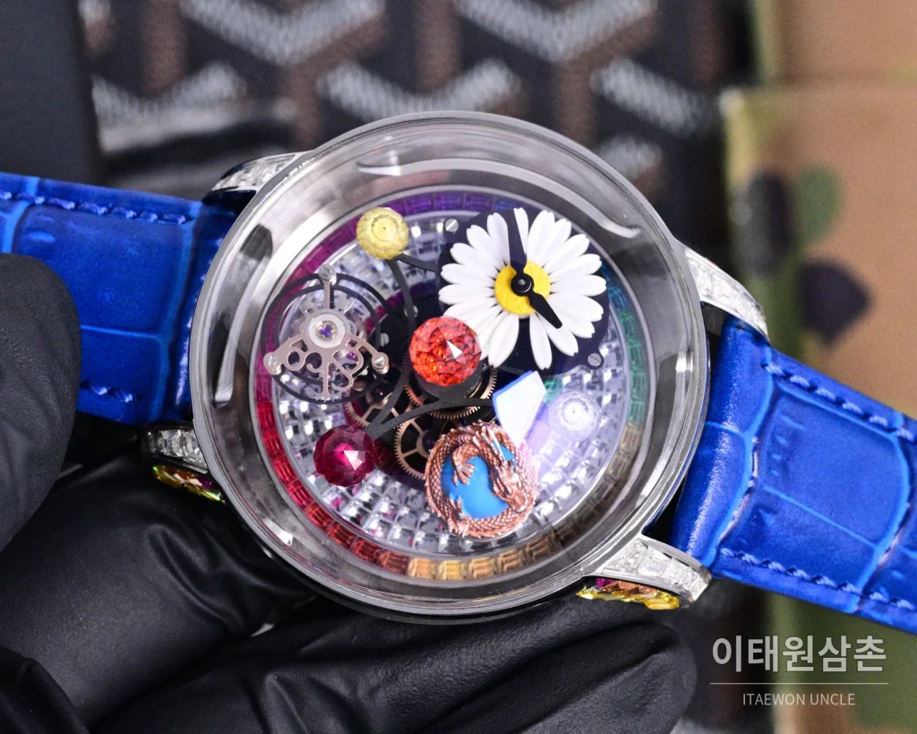 제이콥앤코 지드래곤 로즈골드 다이아몬드 더블축 투르비용 47mm 스켈레톤 다이얼 블루 가죽 스트랩