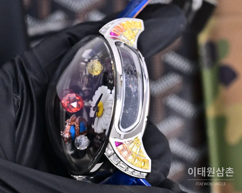 제이콥앤코 지드래곤 로즈골드 다이아몬드 더블축 투르비용 47mm 스켈레톤 다이얼 블루 가죽 스트랩