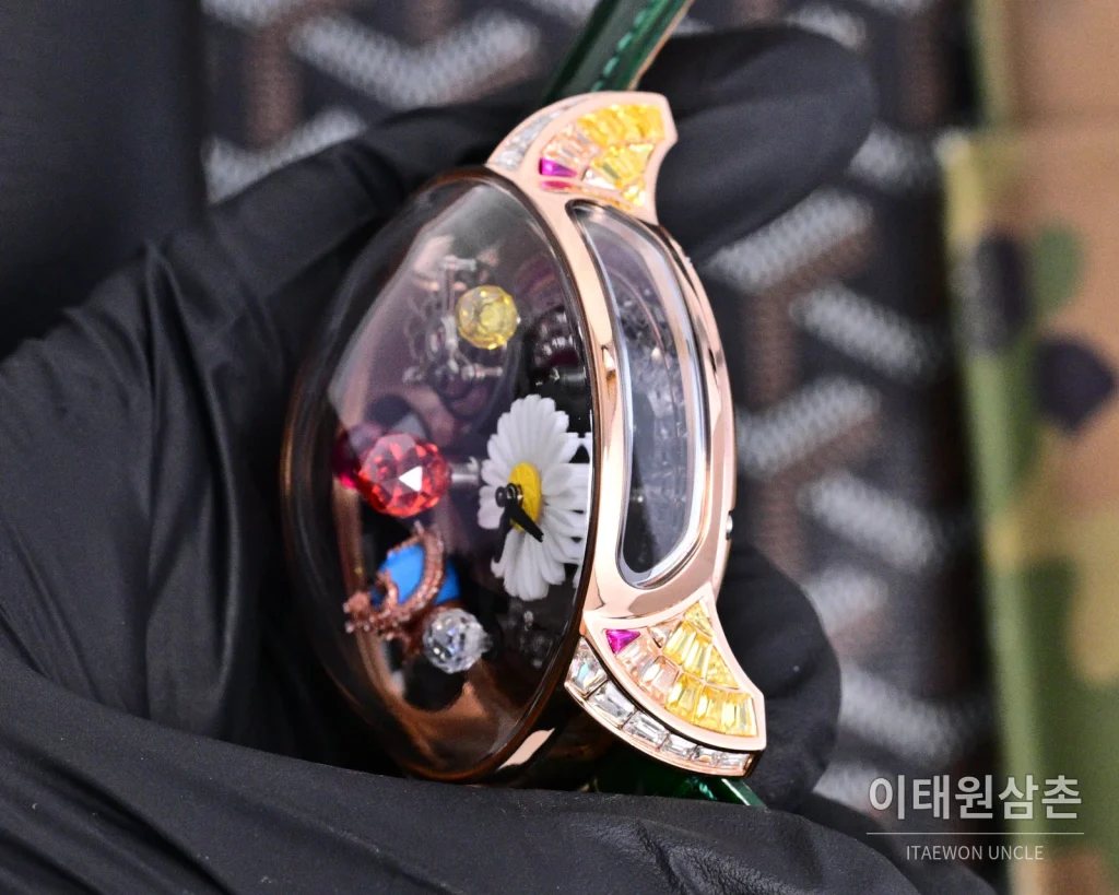 제이콥앤코 지드래곤 로즈골드 다이아몬드 더블축 투르비용 47mm 스켈레톤 다이얼 그린 가죽 스트랩