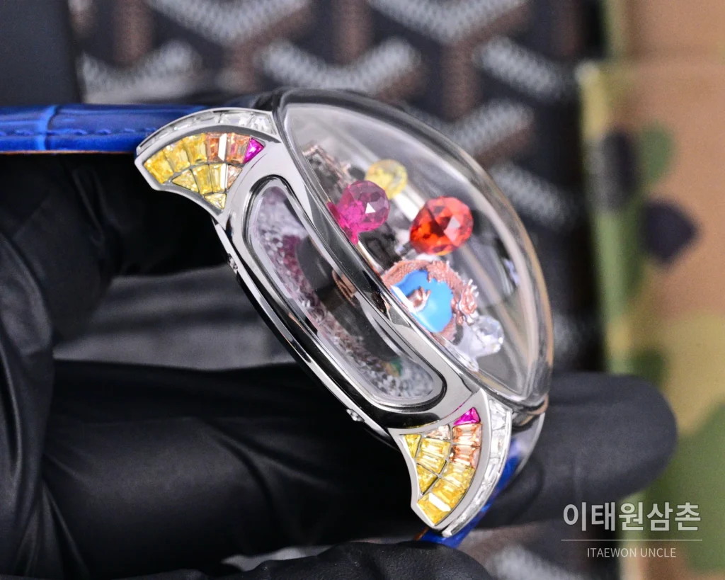 제이콥앤코 지드래곤 로즈골드 다이아몬드 더블축 투르비용 47mm 스켈레톤 다이얼 블루 가죽 스트랩