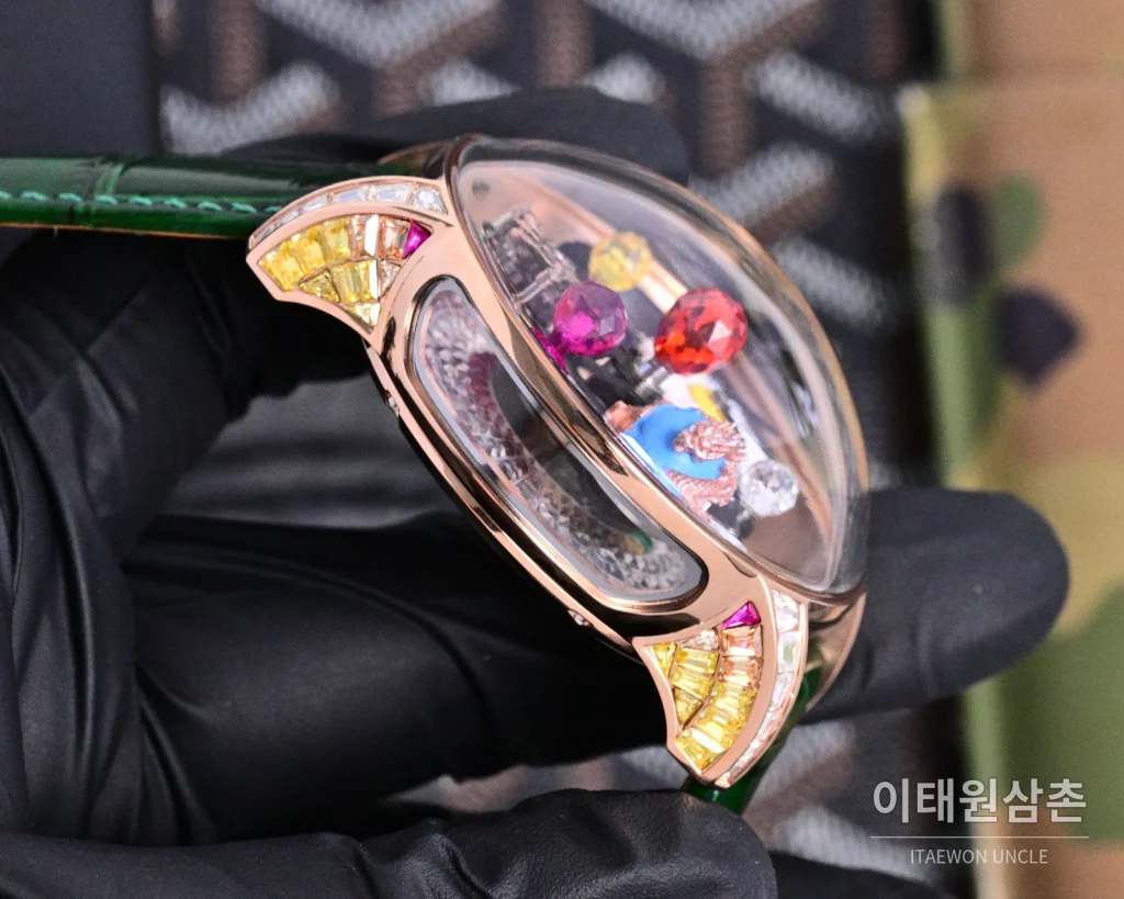 제이콥앤코 지드래곤 로즈골드 다이아몬드 더블축 투르비용 47mm 스켈레톤 다이얼 그린 가죽 스트랩