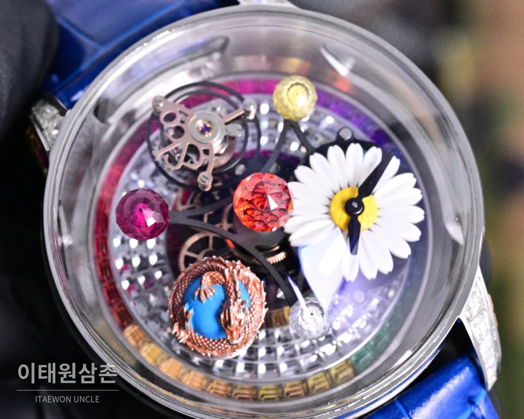 제이콥앤코 지드래곤 로즈골드 다이아몬드 더블축 투르비용 47mm 스켈레톤 다이얼 블루 가죽 스트랩