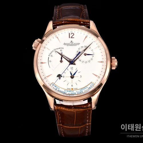 예거르쿨트르 마스터 지오그래픽 스틸 듀얼타임 오토매틱 42mm Q1428421 화이트 다이얼 브라운 가죽 스트랩