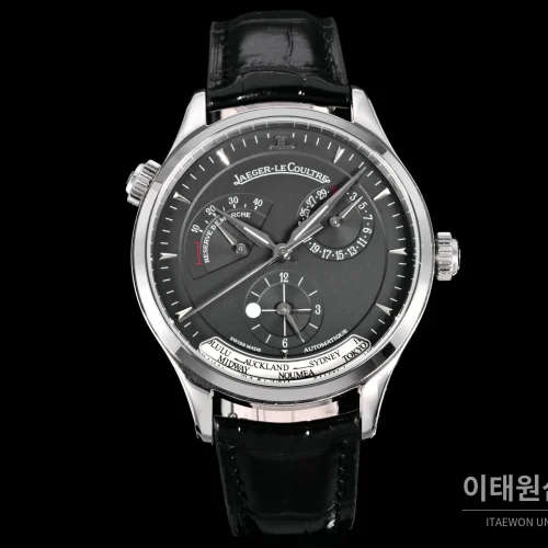 예거르쿨트르 마스터 지오그래픽 스틸 듀얼타임 오토매틱 42mm Q1428421 그레이 다이얼 블랙 가죽 스트랩