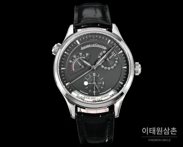 예거르쿨트르 마스터 지오그래픽 스틸 듀얼타임 오토매틱 42mm Q1428421 그레이 다이얼 블랙 가죽 스트랩