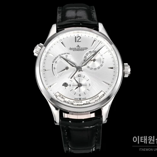 예거르쿨트르 마스터 지오그래픽 스틸 듀얼타임 오토매틱 42mm Q1428421 실버 다이얼 블랙 가죽 스트랩