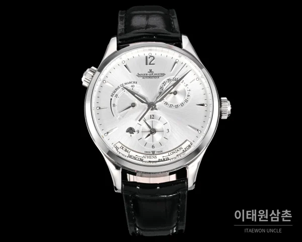 예거르쿨트르 마스터 지오그래픽 스틸 듀얼타임 오토매틱 42mm Q1428421 실버 다이얼 블랙 가죽 스트랩
