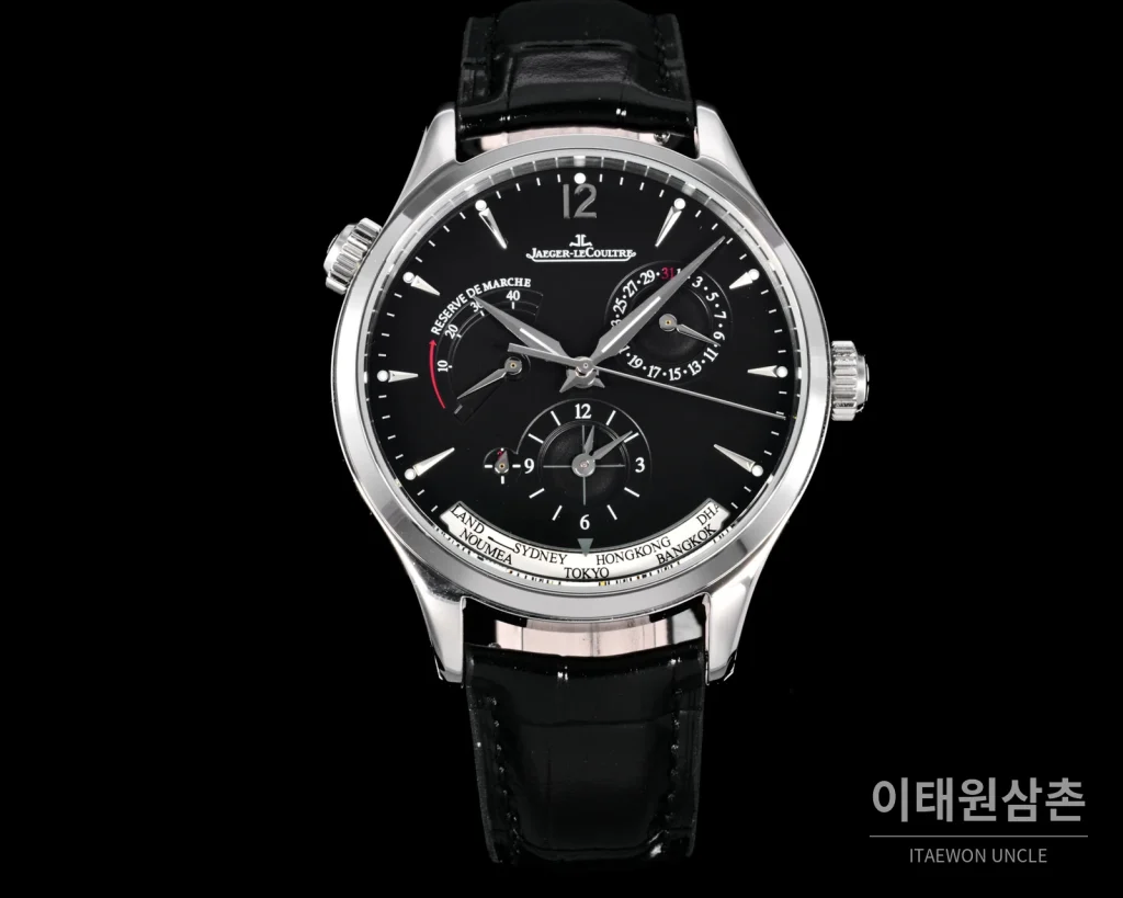 예거르쿨트르 마스터 지오그래픽 스틸 듀얼타임 오토매틱 42mm Q1428421 블랙 다이얼 블랙 가죽 스트랩