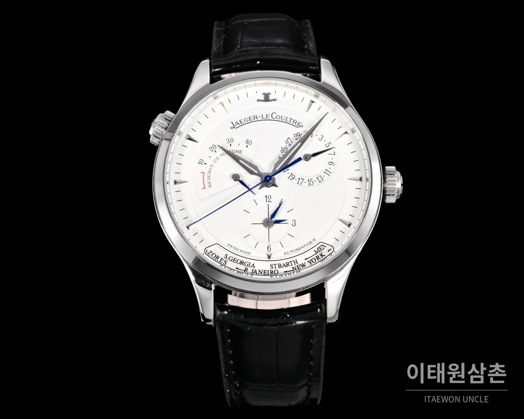 예거르쿨트르 마스터 지오그래픽 스틸 듀얼타임 오토매틱 42mm Q1428421 화이트 다이얼 블랙 가죽 스트랩 (2)