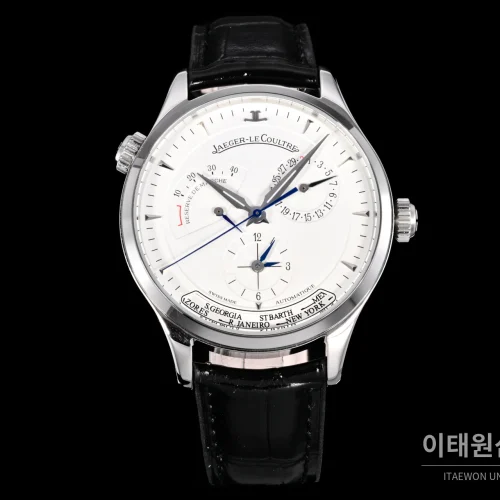예거르쿨트르 마스터 지오그래픽 스틸 듀얼타임 오토매틱 42mm Q1428421 화이트 다이얼 블랙 가죽 스트랩 (2)