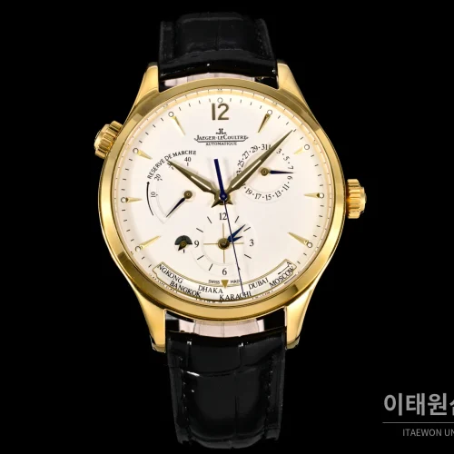 예거르쿨트르 마스터 지오그래픽 스틸 듀얼타임 오토매틱 42mm Q1428421 화이트 다이얼 블랙 가죽 스트랩