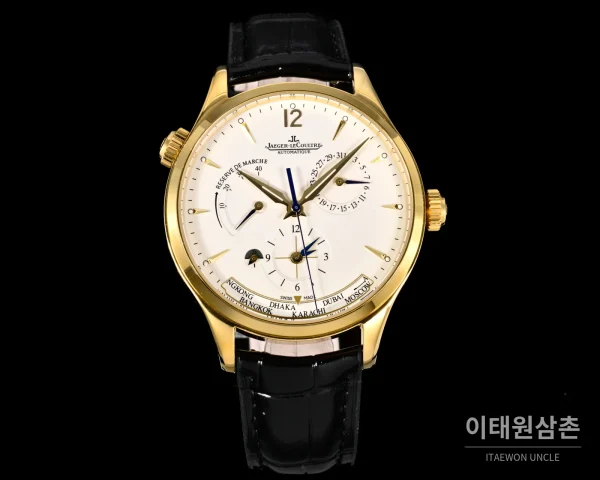 예거르쿨트르 마스터 지오그래픽 스틸 듀얼타임 오토매틱 42mm Q1428421 화이트 다이얼 블랙 가죽 스트랩