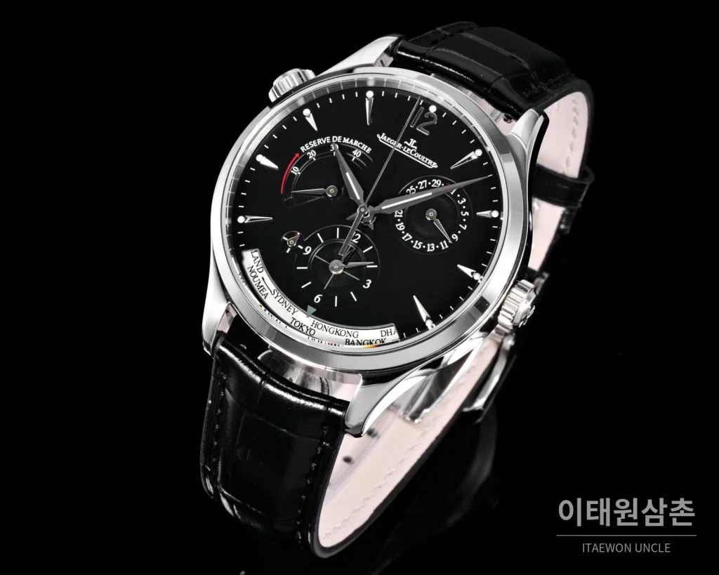 예거르쿨트르 마스터 지오그래픽 스틸 듀얼타임 오토매틱 42mm Q1428421 블랙 다이얼 블랙 가죽 스트랩