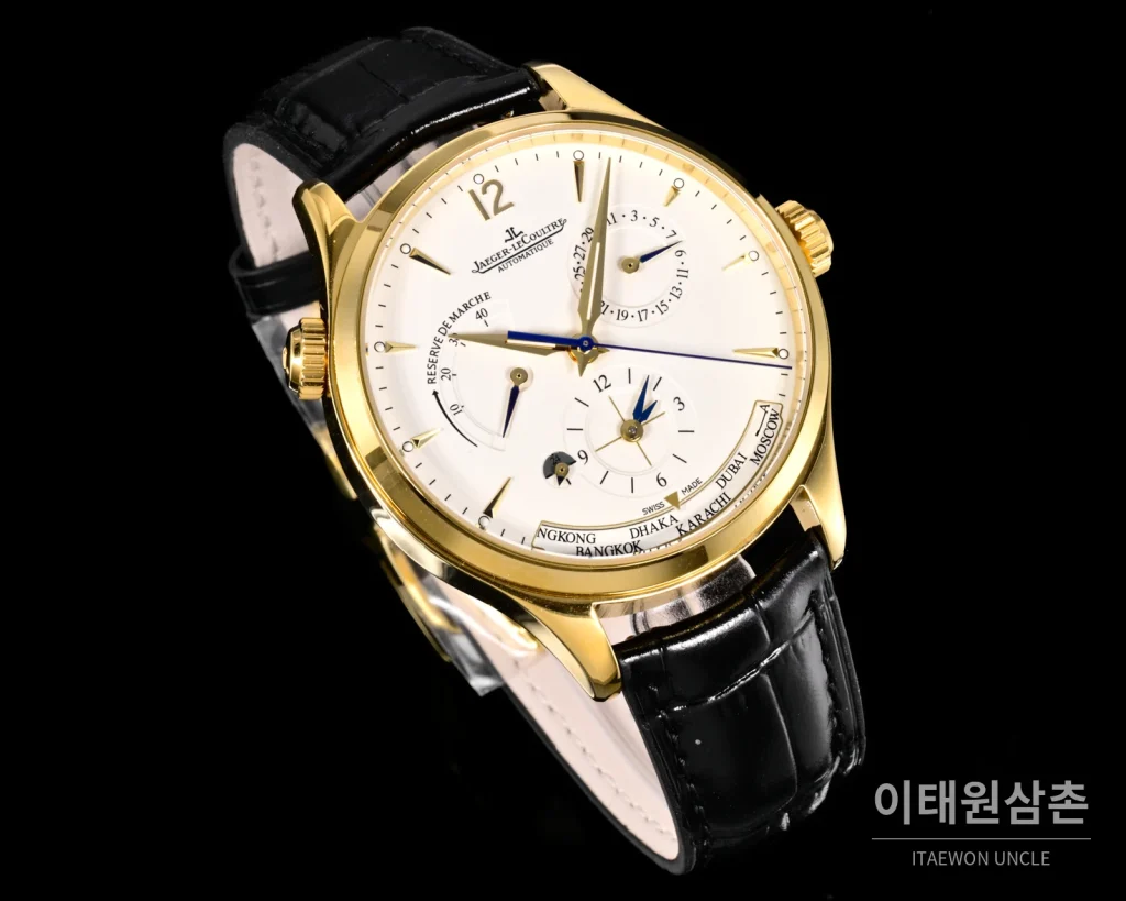 예거르쿨트르 마스터 지오그래픽 스틸 듀얼타임 오토매틱 42mm Q1428421 화이트 다이얼 블랙 가죽 스트랩
