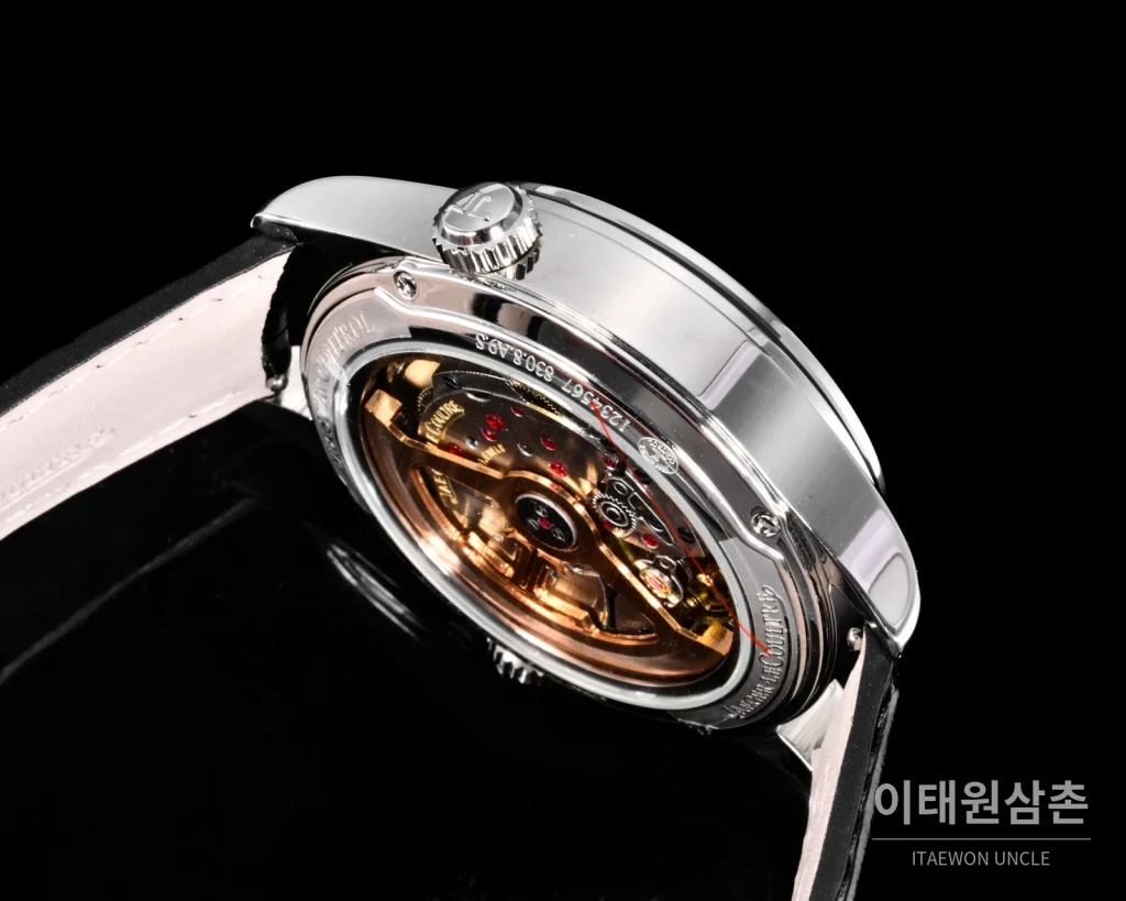 예거르쿨트르 마스터 지오그래픽 스틸 듀얼타임 오토매틱 42mm Q1428421 실버 다이얼 블랙 가죽 스트랩