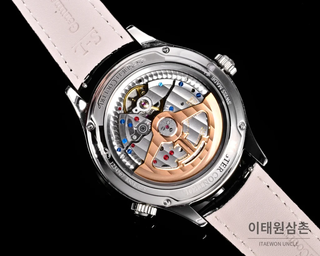 예거르쿨트르 마스터 지오그래픽 스틸 듀얼타임 오토매틱 42mm Q1428421 그레이 다이얼 블랙 가죽 스트랩