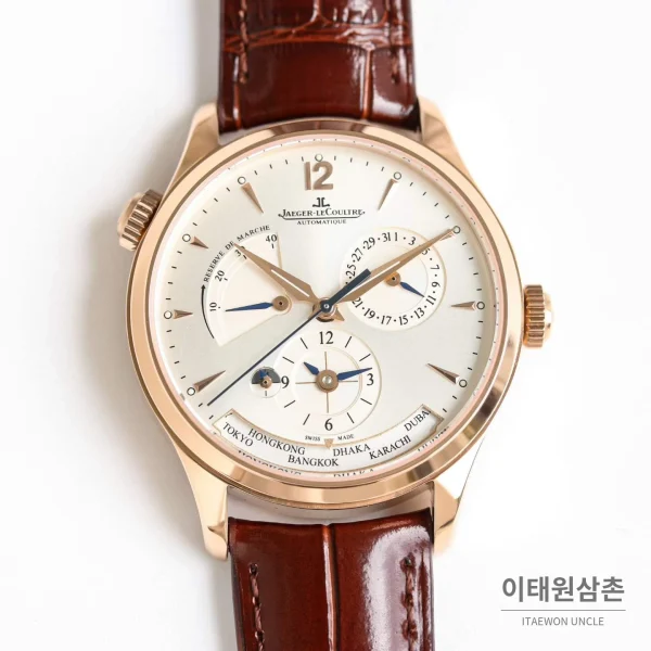 예거르쿨트르 마스터 지오그래픽 가죽밴드 월드타임 오토매틱 실버 시계 39mm 샴페인 다이얼