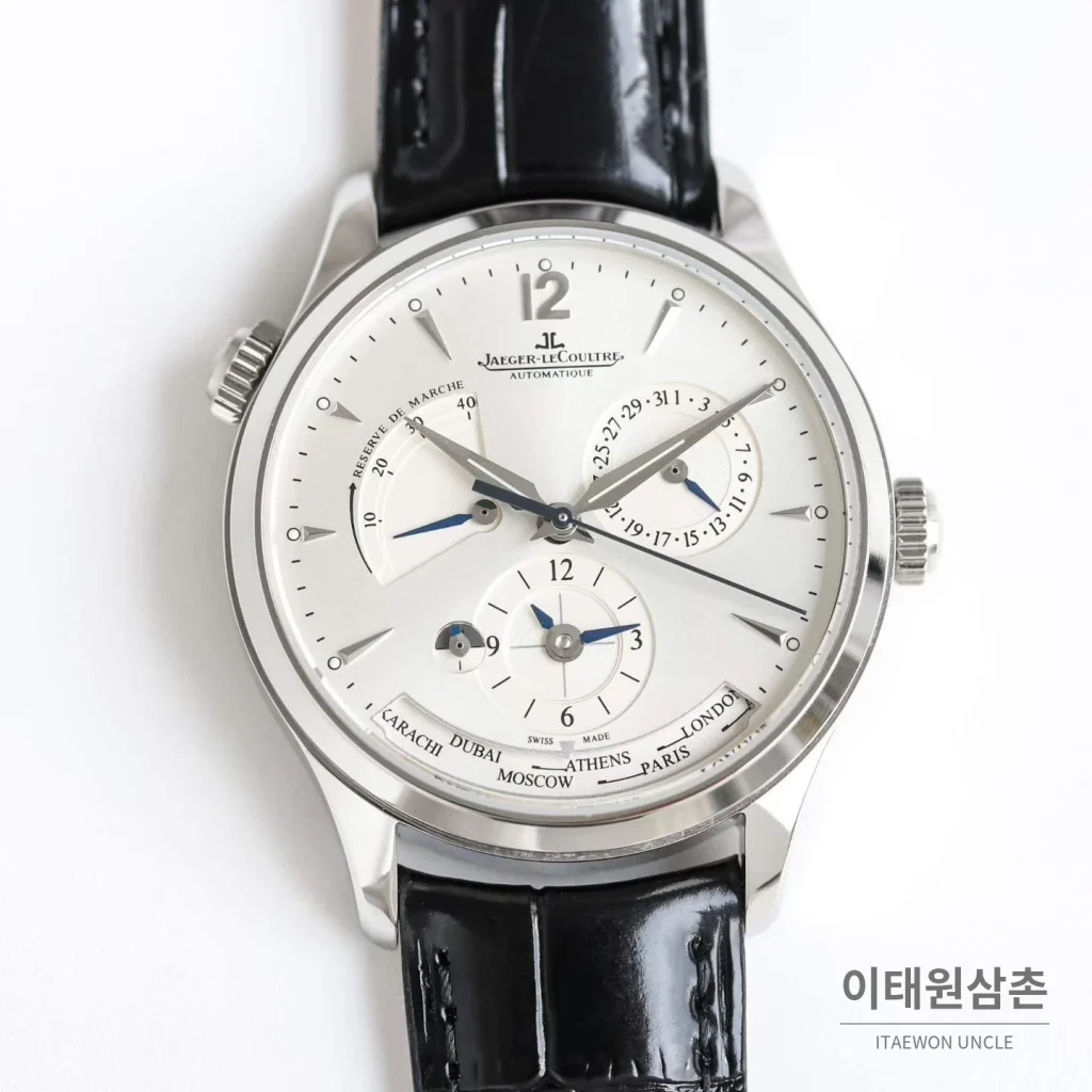 예거르쿨트르 마스터 지오그래픽 가죽밴드 월드타임 오토매틱 실버 시계 39mm 화이트 다이얼