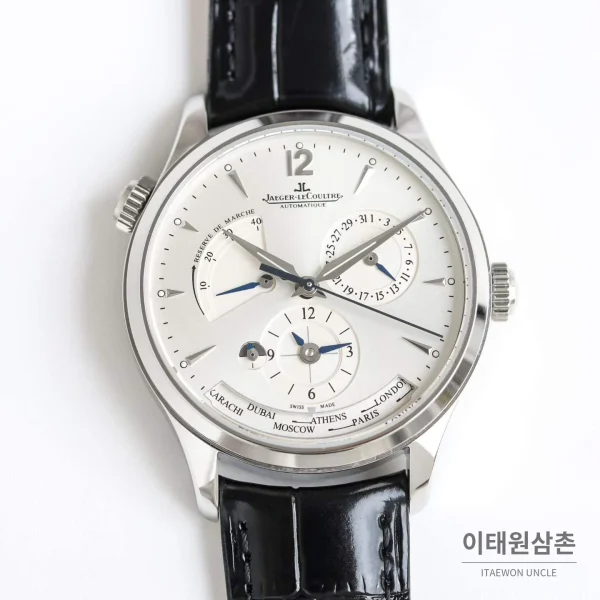 예거르쿨트르 마스터 지오그래픽 가죽밴드 월드타임 오토매틱 실버 시계 39mm 화이트 다이얼 예거르쿨트르 마스터 지오그래픽 가죽밴드 월드타임 오토매틱 실버 시계 39mm 화이트 다이얼