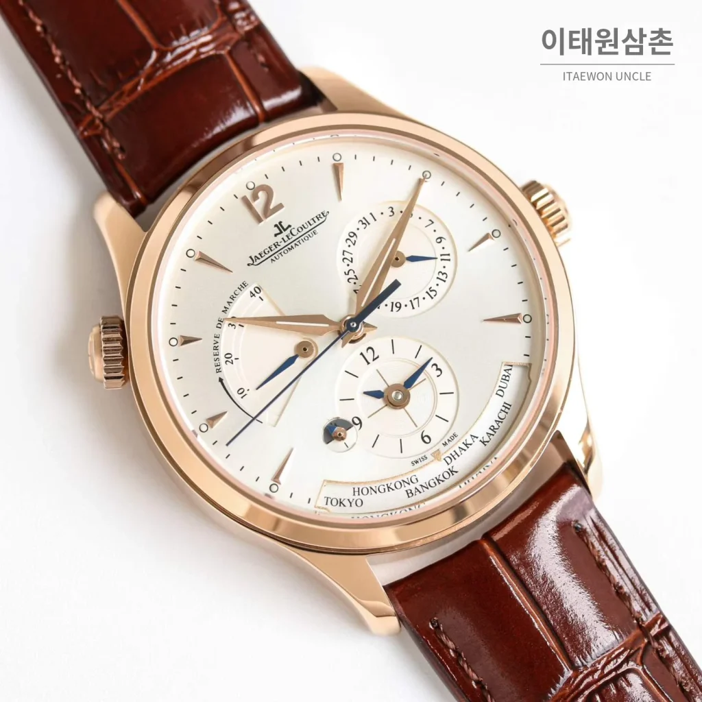 예거르쿨트르 마스터 지오그래픽 가죽밴드 월드타임 오토매틱 실버 시계 39mm 샴페인 다이얼