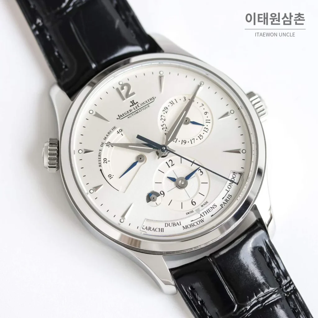 예거르쿨트르 마스터 지오그래픽 가죽밴드 월드타임 오토매틱 실버 시계 39mm 화이트 다이얼