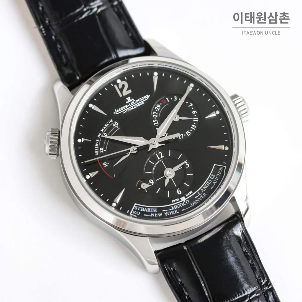 예거르쿨트르 마스터 지오그래픽 가죽밴드 월드타임 오토매틱 불랙다이얼 39mm