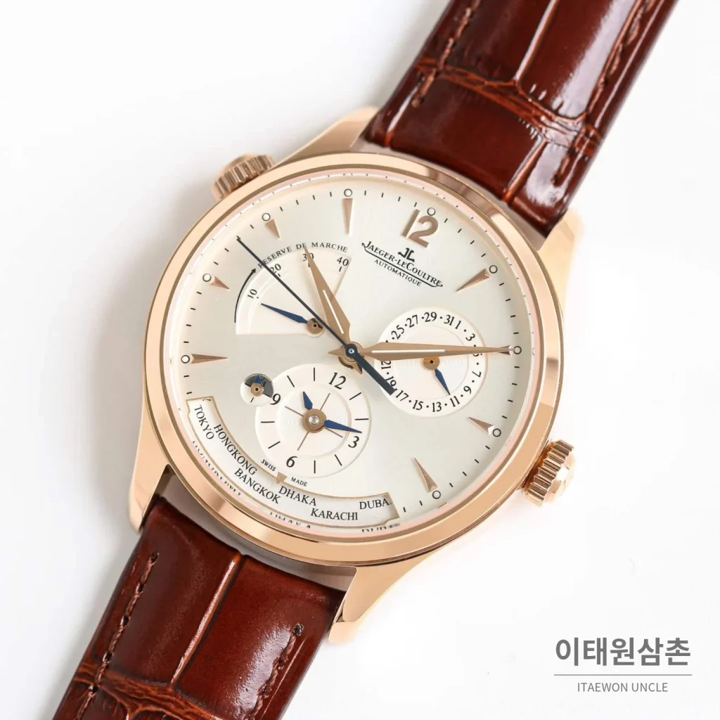 예거르쿨트르 마스터 지오그래픽 가죽밴드 월드타임 오토매틱 실버 시계 39mm 샴페인 다이얼