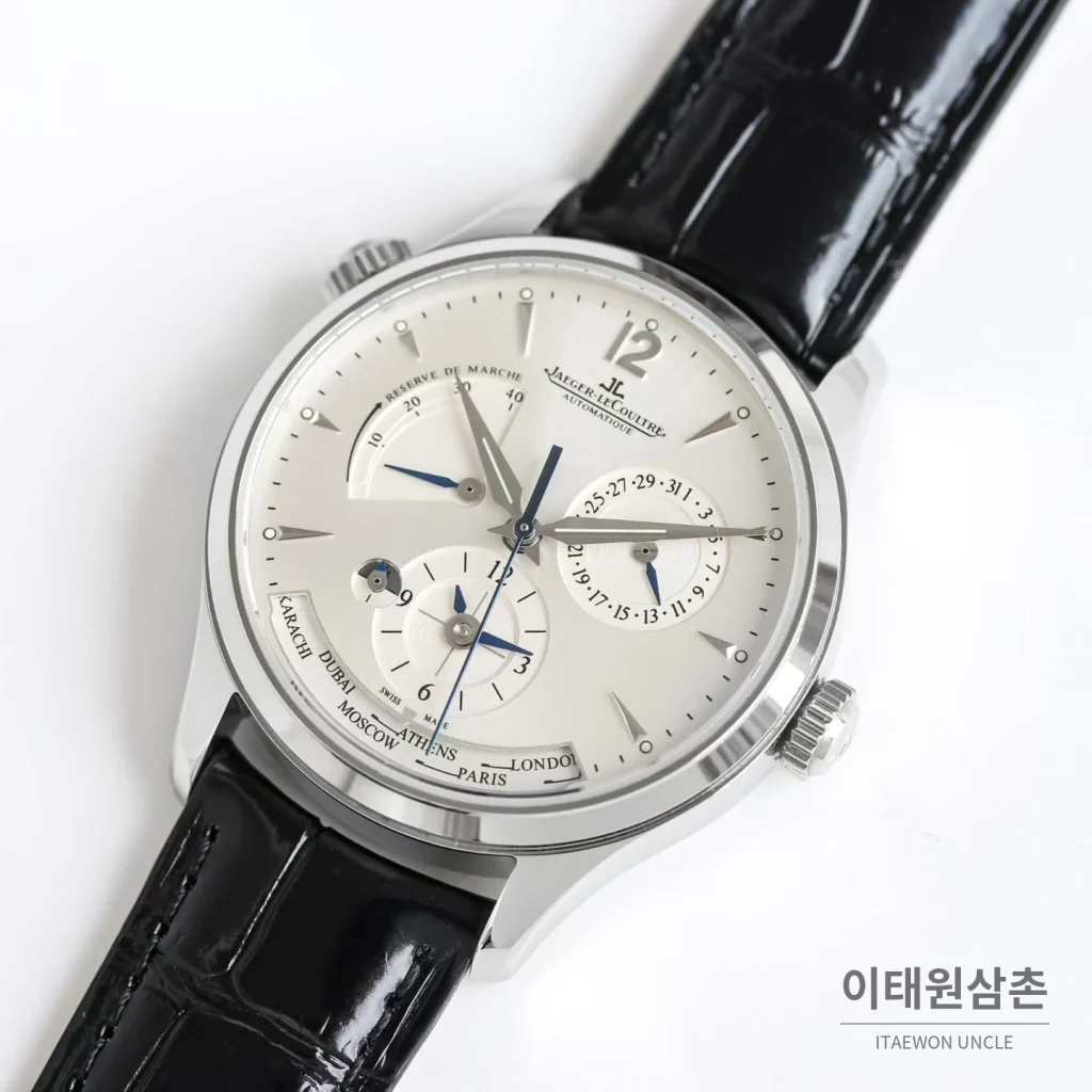 예거르쿨트르 마스터 지오그래픽 가죽밴드 월드타임 오토매틱 실버 시계 39mm 화이트 다이얼