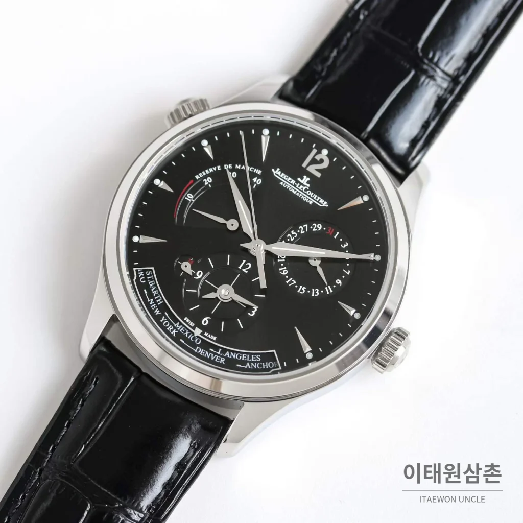 예거르쿨트르 마스터 지오그래픽 가죽밴드 월드타임 오토매틱 불랙다이얼 39mm
