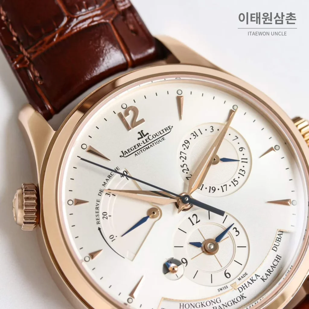 예거르쿨트르 마스터 지오그래픽 가죽밴드 월드타임 오토매틱 실버 시계 39mm 샴페인 다이얼