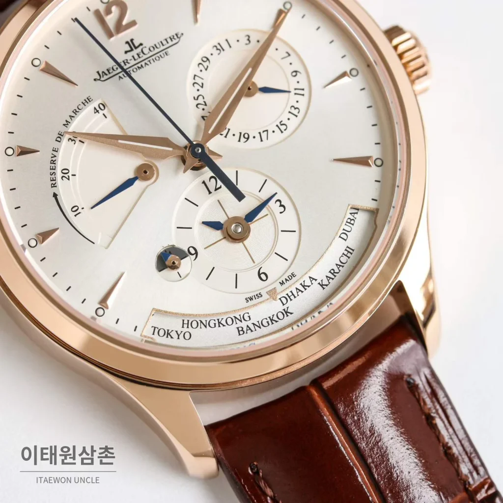 예거르쿨트르 마스터 지오그래픽 가죽밴드 월드타임 오토매틱 실버 시계 39mm 샴페인 다이얼