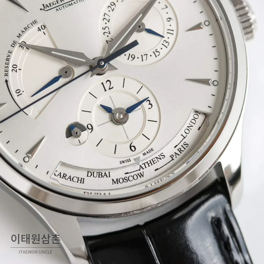 예거르쿨트르 마스터 지오그래픽 가죽밴드 월드타임 오토매틱 실버 시계 39mm 화이트 다이얼