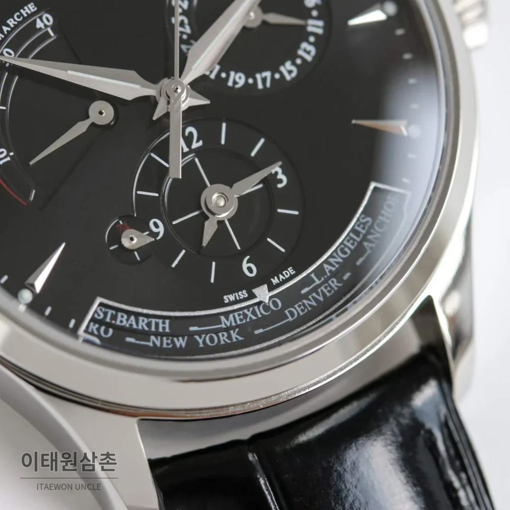 예거르쿨트르 마스터 지오그래픽 가죽밴드 월드타임 오토매틱 불랙다이얼 39mm