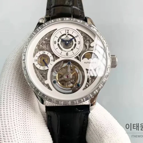 예거르쿨트르 마스터 스켈레톤 투르비옹 GMT 듀얼타임 수동 42mm 스켈레톤 다이얼 블랙 가죽 스트랩 실버 베젤
