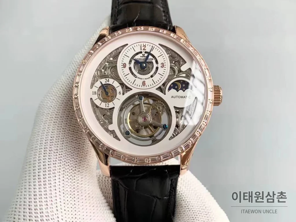 예거르쿨트르 마스터 스켈레톤 투르비옹 GMT 듀얼타임 수동 42mm 스켈레톤 다이얼 블랙 가죽 스트랩 로즈골드 베젤