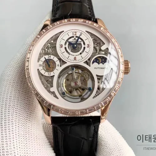 예거르쿨트르 마스터 스켈레톤 투르비옹 GMT 듀얼타임 수동 42mm 스켈레톤 다이얼 블랙 가죽 스트랩 로즈골드 베젤