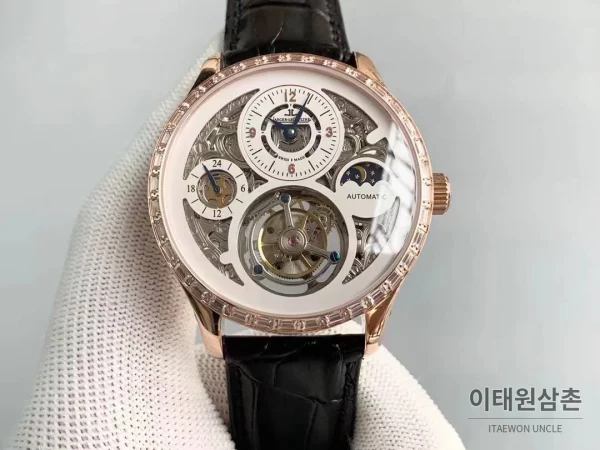 예거르쿨트르 마스터 스켈레톤 투르비옹 GMT 듀얼타임 수동 42mm 스켈레톤 다이얼 블랙 가죽 스트랩 로즈골드 베젤