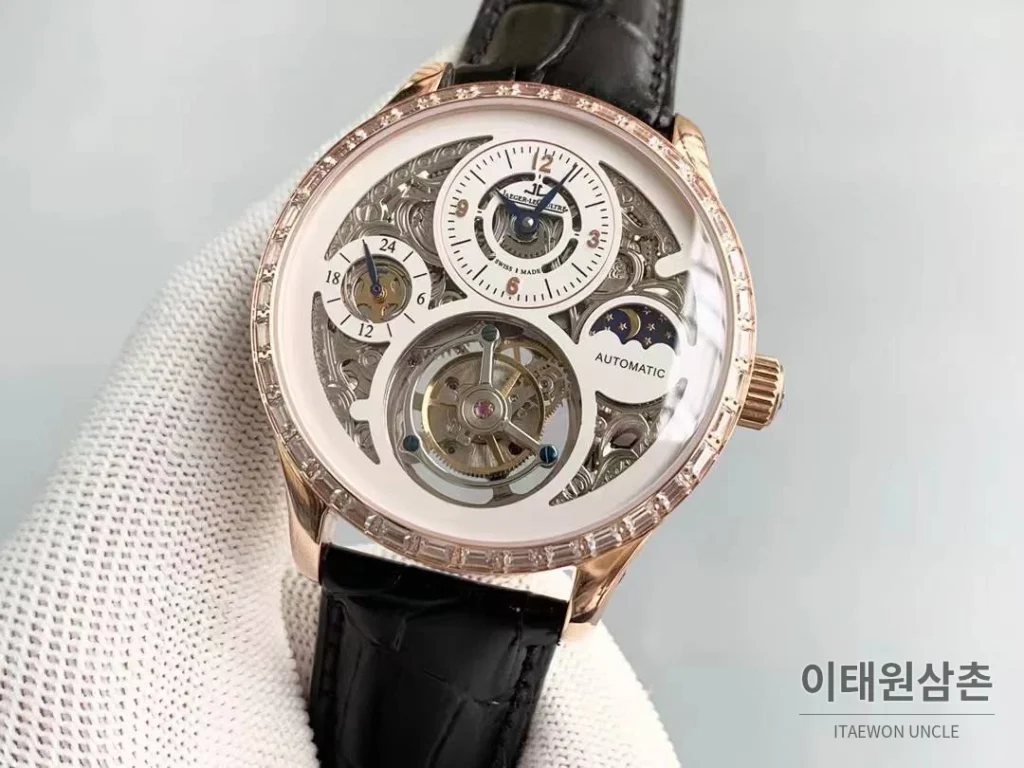 예거르쿨트르 마스터 스켈레톤 투르비옹 GMT 듀얼타임 수동 42mm 스켈레톤 다이얼 블랙 가죽 스트랩 로즈골드 베젤