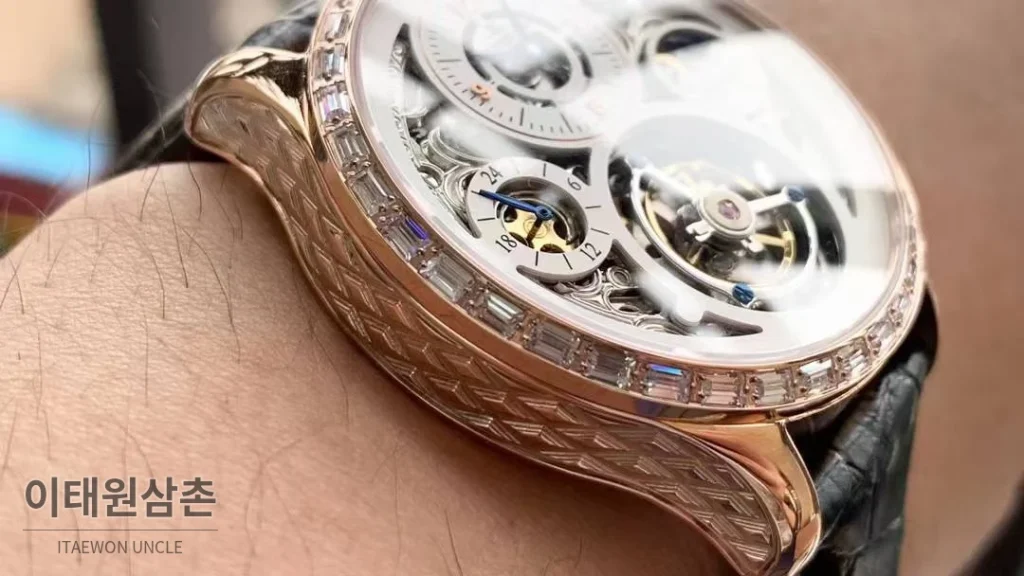 예거르쿨트르 마스터 스켈레톤 투르비옹 GMT 듀얼타임 수동 42mm 스켈레톤 다이얼 블랙 가죽 스트랩 로즈골드 베젤