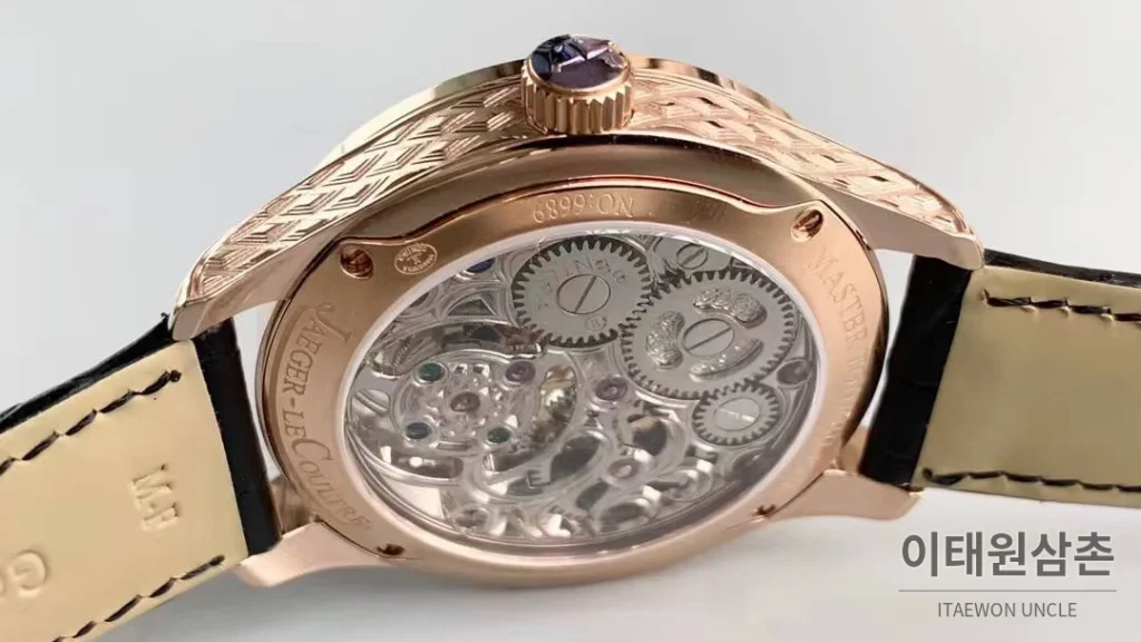 예거르쿨트르 마스터 스켈레톤 투르비옹 GMT 듀얼타임 수동 42mm 스켈레톤 다이얼 블랙 가죽 스트랩 로즈골드 베젤