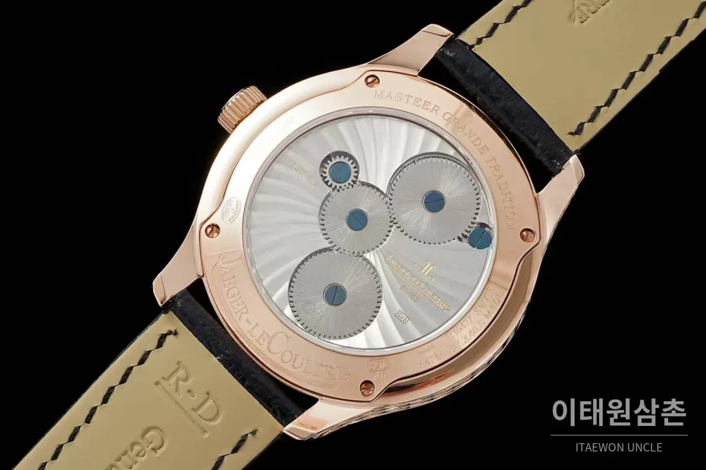 예거르쿨트르 마스터 스틸 블루아벤츄린 오비탈투르비옹 수동 43mm 네이비 다이얼 블랙 가죽 스트랩 화이트 베젤