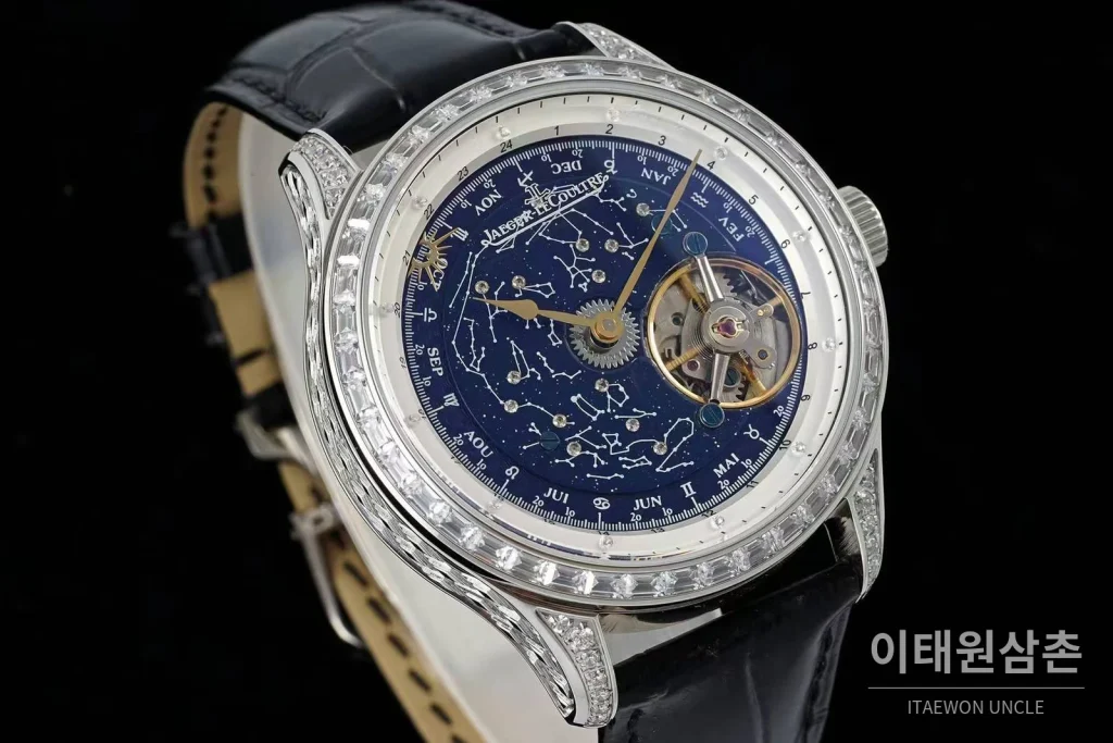 예거르쿨트르 마스터 스틸 블루아벤츄린 오비탈투르비옹 수동 43mm 네이비 다이얼 블랙 가죽 스트랩 화이트 베젤 (2)