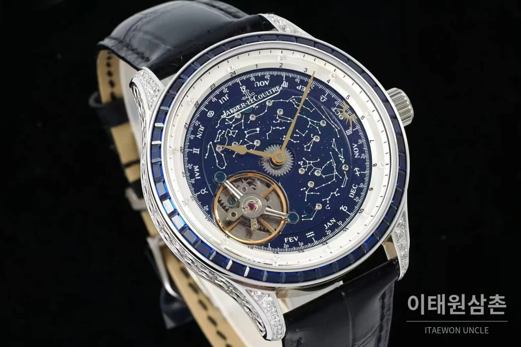 예거르쿨트르 마스터 스틸 블루아벤츄린 오비탈투르비옹 수동 43mm 네이비 다이얼 블랙 가죽 스트랩 블루 베젤