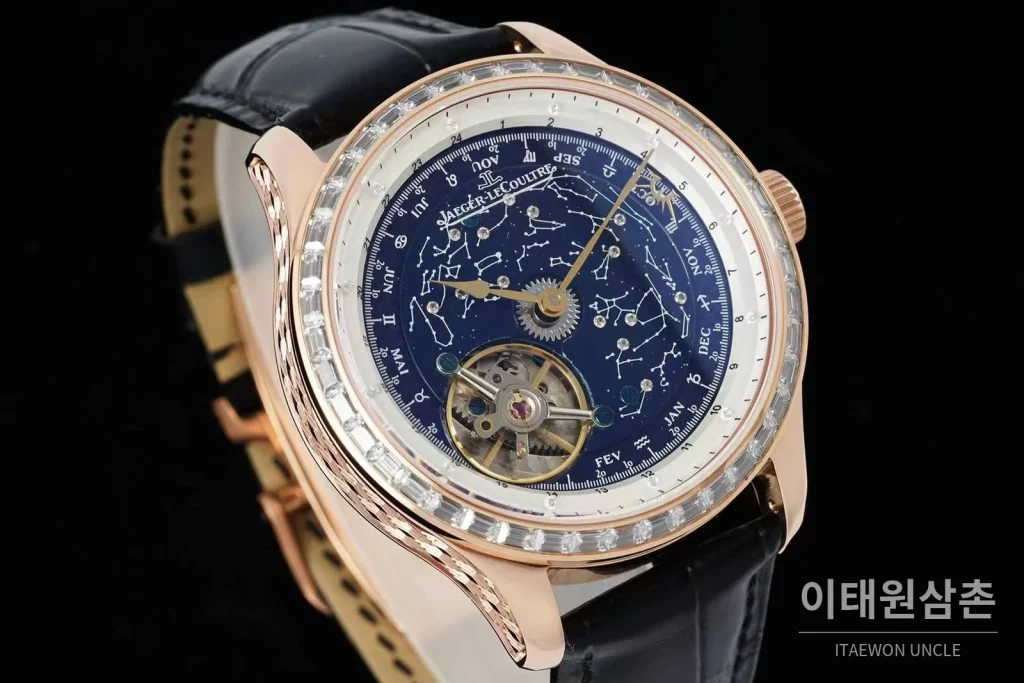 예거르쿨트르 마스터 스틸 블루아벤츄린 오비탈투르비옹 수동 43mm 네이비 다이얼 블랙 가죽 스트랩 화이트 베젤