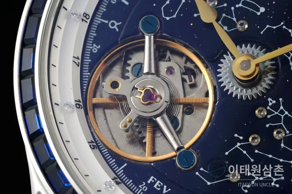 예거르쿨트르 마스터 스틸 블루아벤츄린 오비탈투르비옹 수동 43mm 네이비 다이얼 블랙 가죽 스트랩 블루 베젤