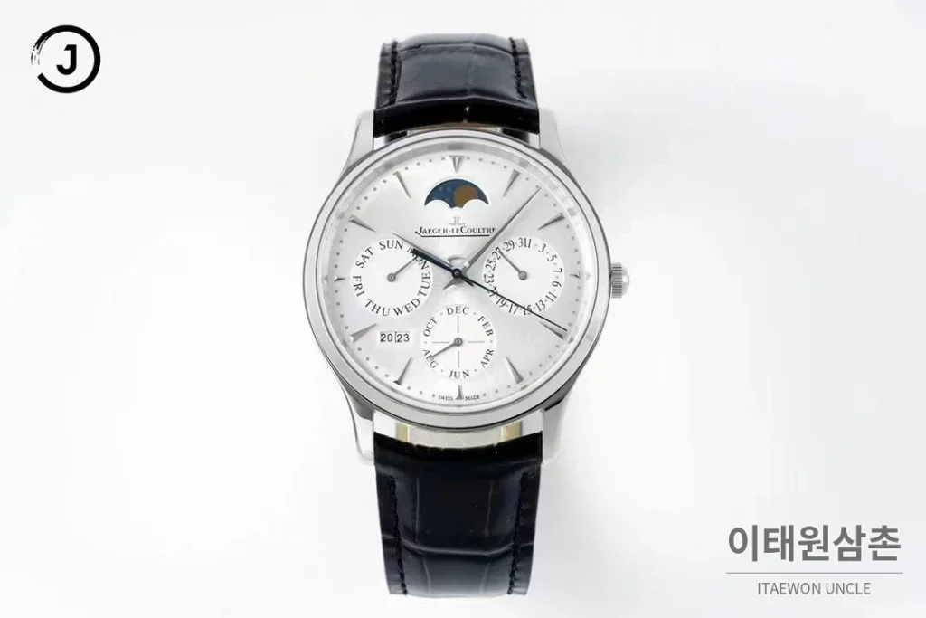 예거르쿨트르 마스터 스틸 퍼페추얼캘린더 실버다이얼 오토매틱 39mm 블랙 가죽 스트랩