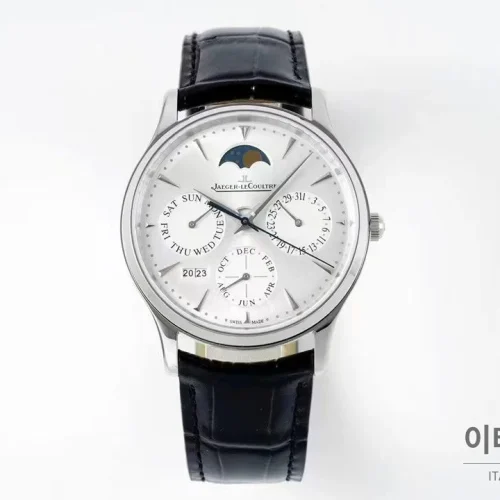 예거르쿨트르 마스터 스틸 퍼페추얼캘린더 실버다이얼 오토매틱 39mm 블랙 가죽 스트랩