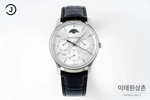예거르쿨트르 마스터 스틸 퍼페추얼캘린더 실버다이얼 오토매틱 39mm 블랙 가죽 스트랩 예거르쿨트르 마스터 스틸 퍼페추얼캘린더 실버다이얼 오토매틱 39mm 블랙 가죽 스트랩
